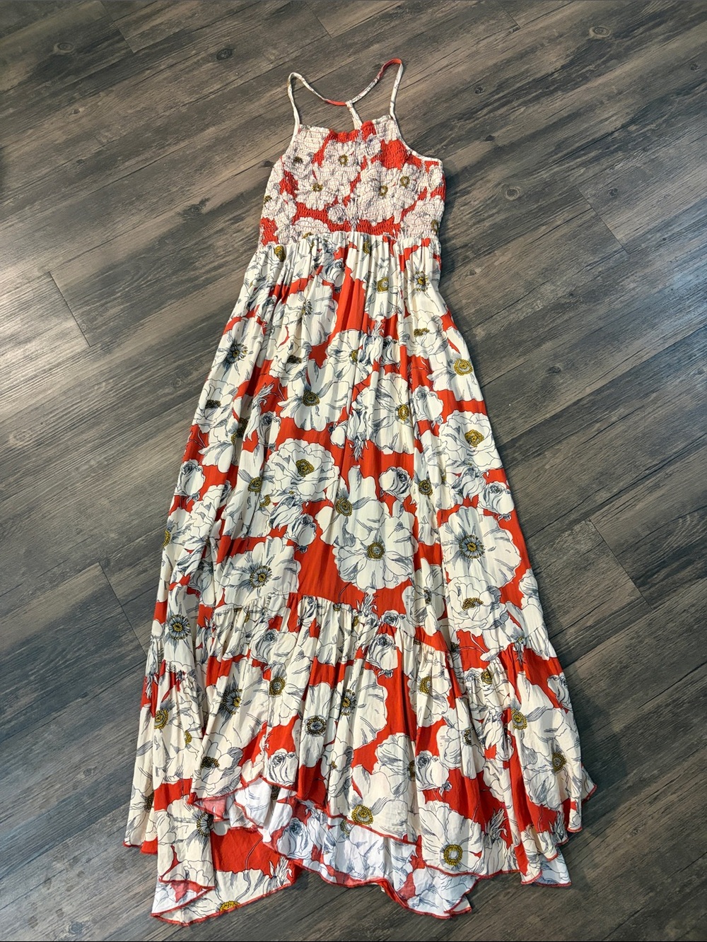 Free People Floral Red and beige Maxi Sundress with Smocked Bodice